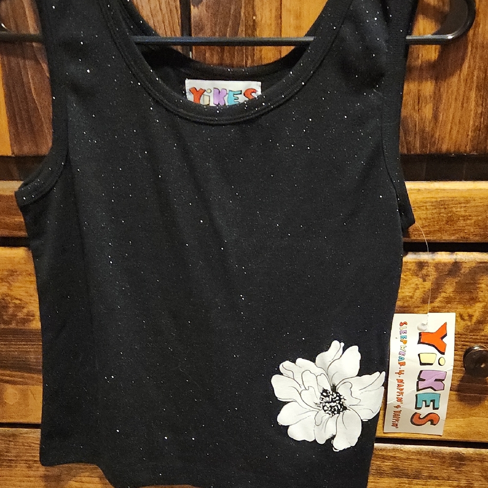 Black Tank Top with White Floral Design Kids large